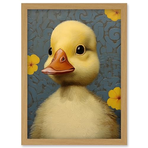 Artery8 Duckling with Flowers Oil Painting Kids Bedroom Baby Nursery Duck Artwork Framed Wall Art Print A4