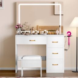 Vanity Desk With LED Mirror & Glass Top – 5 Drawers, White Modern Makeup Table