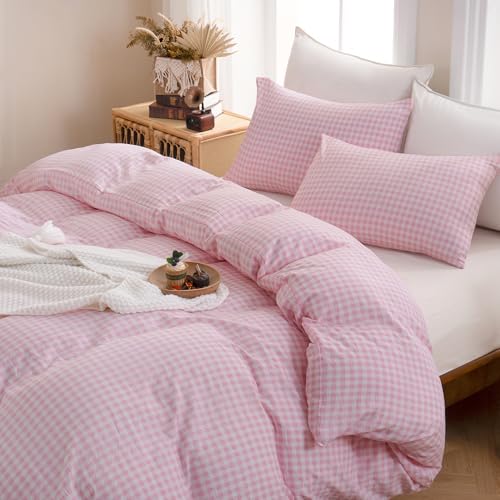 "YHJWW Pink Gingham Duvet Cover Bedding Set Prewashed Extra Soft Comfy Breathable 3 Piece Plaid Checkered Grid Comforter Cover Set Cute Aesthetic (Full 80""x90"", No Comforter)"