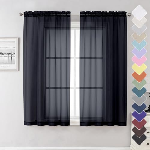 "Lecloud Black Sheer Curtains 63 Inch Long 2 Panels, Elegant Voile Drapes for Dinning Small Windows, Light Filtering Voile Curtain for Living Room Bedroom Bathroom, Dual Rod Pocket, 40"" Wx63 L"
