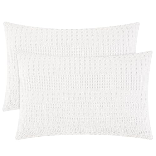 "PHF 100% Cotton Waffle Pillowcases Standard Size, 2 Pack Soft Breathable Skin-Friendly Pillow Sham,Decorative Waffle Weave Pillow Case Covers, 20"" X 26"", No Filling, White"