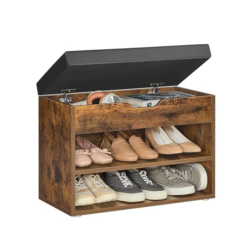 VASAGLE Shoe Bench with Cushion, Storage Storage, Hallway Bench with 3 Compartments, 30 x 60 x 44 cm, for Bedroom, Living Room, Vintage Brown Black CUSTOS Collection LHS020K05