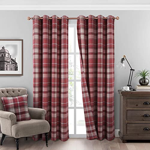 always4u Plaid Curtains Highland Woolen Look Modern Classic Window Drapes Red Check Tartan Curtains for Living Room Bedroom 2 Panels Burgundy Red 54 * 95 Inches