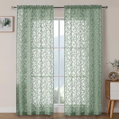 OWENIE Leyna Sage Green Sheer Curtains 84 Inches Long for Living Room Bedroom 2 Panels Set, Modern Clip Jacquard Leaves Textured Light Filtering Curtains, Double Rod Pockets Drapes, 40Wx84L Inch