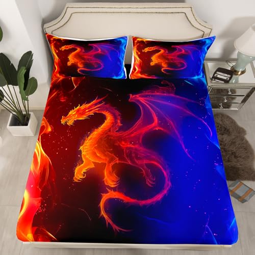 Erosebridal Dragon Bedding Set Nebula Fitted Sheet Full Size Mysterious Outer Space Bed Cover Trippy Bedding Set for Kids Boys Girls Teens Young Man Room Decorative, Blue Red