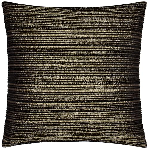 Paoletti Jupiter Feather Filled Cushion – Pearlescent Jacquard Chenille Linear Textured Decorative Pillow (Black/Gold - 50x50cm)