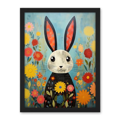 Artery8 Funny Bunny Illustration Modern Floral Rabbit Animal Artwork for Kids Bedroom or Baby Nursery Artwork Framed Wall Art Print 18X24 Inch
