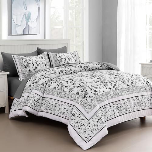 Dobuyly Floral King Size Comforter Set, Grey Flowers on White Botanical Bedding Set 7 Piece Bed in a Bag King, Soft Microfiber Bedding Comforter Sets with Sheets for All Season