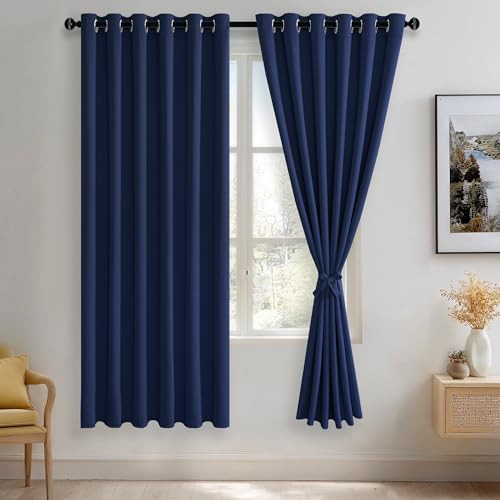 JIUZHEN Navy Blue Blackout Curtains with Tiebacks Thermal Insulated, Light Blocking and Noise Reducing Grommet Curtains for Bedroom and Living Room, Set of 2 Window Curtain Panels, 70 x 72 Inch Length