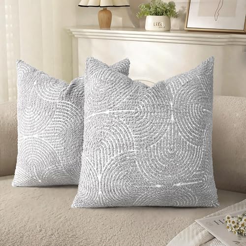 AELS Boho Decorative Textured Throw Pillow Covers 18x18, Modern Mid Century Rainbow Tufted Pillow Case, Farmhouse Rustic Geometric Woven Cushion Case for Bed Couch Sofa, Light Gray