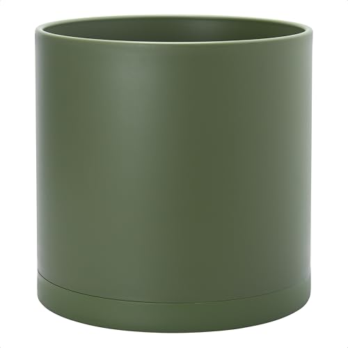 D'vine Dev Plastic Planter Pot with Saucer, 14 in, Olive, 74-X-I-4 - Lightweight Matte Finish, Cylinder Shape, Drainage Holes, Sleek Minimalist Design, Detachable Saucer, Easy Maintenance