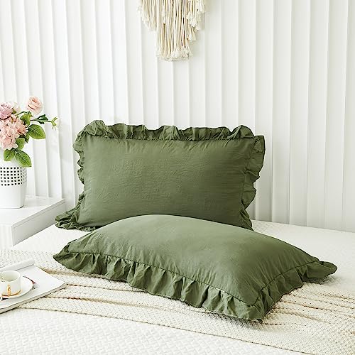 Merryword Olive Green Pillow Shams Standard Pillowcases 20x26inch Dark Green Ruffle Cute Pillow Cover Set of 2 Shabby Chic Soft Microfiber