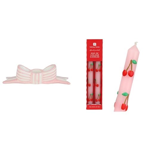 Pink Bow Ceramic Candle Holder & Cherry Dinner Candles Valentines Bundle
