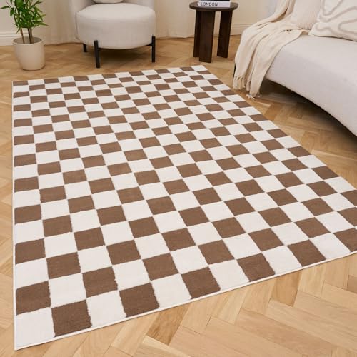 THE RUGS Living Room Rug, Loft Collection – Modern Textured 14mm Soft Pile Area Carpet, Non-Shedding & Easy Care [ Checkerboard Brown, 80x150 cm]