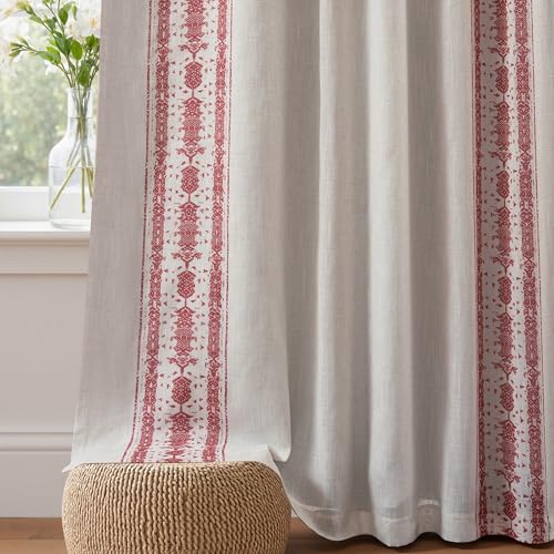DriftAway Boho Linen Blackout Curtains Double Layer Thermal Insulated Farmhouse Vintage Retro Printed Trim Pattern Lined Drapes for Living Room Bedroom 84 Inches Long Back Tab 2 Panels Red