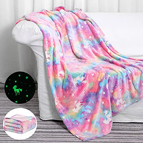 Glow in The Dark Throw Blanket Luminous Unicorns Blanket for Girls Super Soft Plush Flannel Furry Fleece Blanket,Christmas Thanksgiving Pink Magical Blanket Gifts,60in x 50in (Rainbow Unicorns)