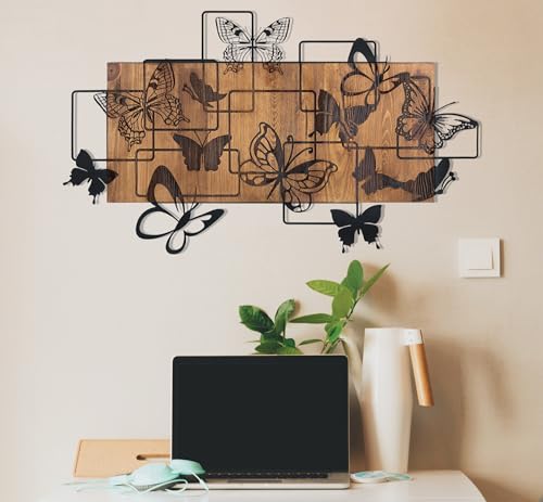 Elegant Decorative Wooden Wall Accessory, Black & Walnut, 73 x 42.5 cm, 100% Metal Frame (1.2 mm) & Solid Wood (3 cm), Perfect for Modern Decor