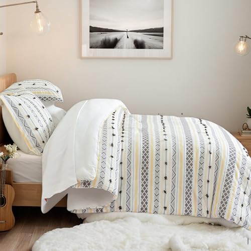 SLEEPBELLA Washed Double Layer Muslin 100% Cotton Comforter Set King Size, Yellow Grey Boho Fluffy Thick Checked Bedding Set, Soft Breathable (1 Comforter, 2 Pillow Shams)