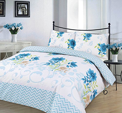 Kampala Hill Bethany Blue Double Duvet Cover Set Polycotton Floral Bedding