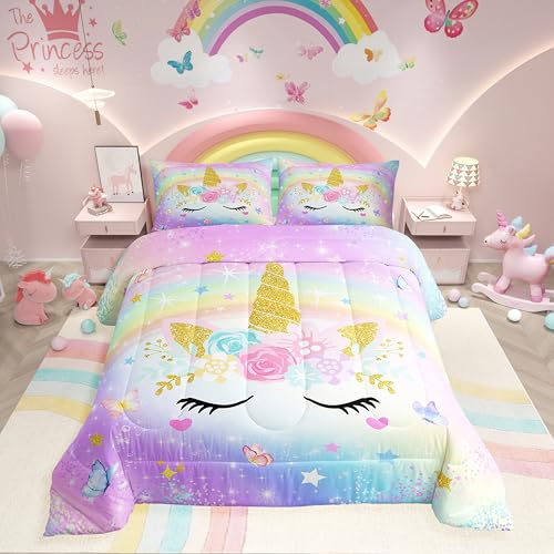 Unicorn Kids Comforter Set Twin 2 Pcs, Rainbow Unicorn Bedding Sets for Girls Princess Bedroom Decor Bedding Comforter Sets, Cute Cartoon Animal Down Comforter Purple Gradient Duvet Insert