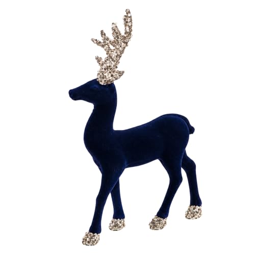 Christmas Velvet Reindeer Figurine 35cm - Midnight Blue Flocking Deer Ornament with Sequin Glitter Antlers - Festive Table Decoration for Mantel, Shelf, Centerpiece and Home DΓ©cor