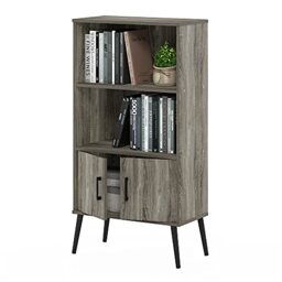 Furinno MIDCENTURY Storage Shelves, Storage Cabinet with Doors and Shelves, Bookshelf with Legs, for Living Room, Home Office, Grey Oak