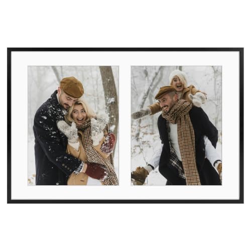 Frametory - 12x19 Aluminum Collage Picture Frame - Display 8x10 Pictures with 2 Openings Mat - Real Glass Front - Horizontal/Vertical Wall Mount - Black 1 Pack
