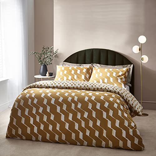 Hoem Zabine Bed Linen Set, Reversible Cotton Blend Bed Linen with Abstract Ribbon Pattern (Honey, EU Size, Single Bed, 140 x 200 cm)