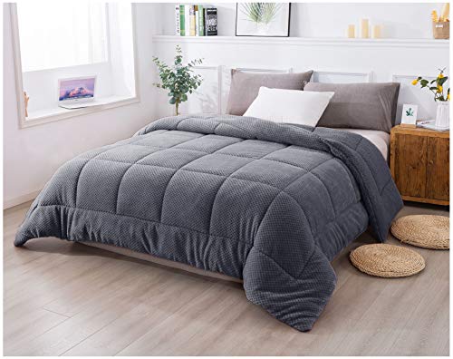KASENTEX Super Ultra Soft Luxury Plush Sherpa Comforter, Cozy Reversible Fleece - Goose Down Alternative Fill, Machine Washable Bedding, Excalibur Grey, Queen Size