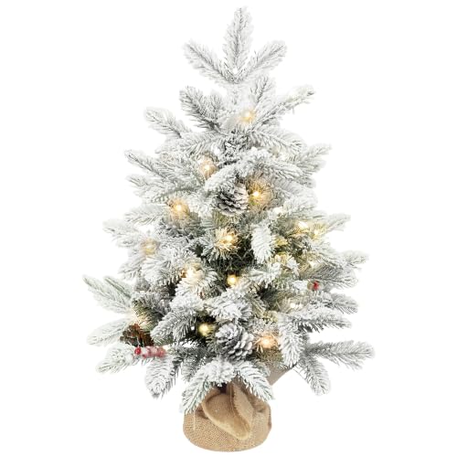 HOMCOM 60 cm Prelit Small Christmas Tree with 35 LED Lights, Snow Flocked Tabletop Mini Xmas Tree with Pine Cones, Berry Clusters and Linen Cover Base, Battery Operated, Green