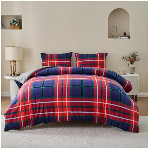 GC GAVENO CAVAILIA Denim Check Pattern Double Duvet Set with Matching Pillowcases - Modern Easy Care Reversible Quilt Cover - Super Soft Polyester Long-Lasting Comforter Bedding Set, Multi