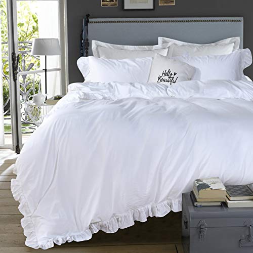 QSH Queen's House Duvet Cover Set Washed Cotton White Ruffled Duvet Quilt Cover with Zipper Bedding Set Full Size-Shabby Ruffle,White