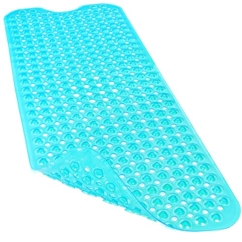 Linoows Bathtub and Shower Mats, Extra Long Non Slip Bath Mat 40 x 16 Inch, Bath Tub Mat with Suction Cups and Drain Holes for Bathroom, Machine Washable Soft Shower Floor Mat, Clear Turquoise