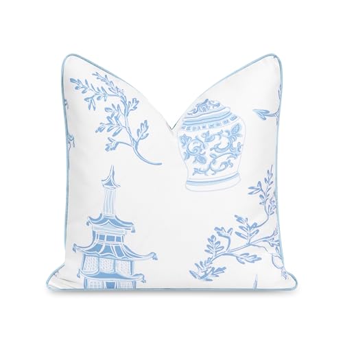 "Hofdeco Premium Coastal Patio Indoor Outdoor Lumbar Pillow Cover Only, 20""x20"" Water Repellent for Backyard, Couch, Baby Blue Chinoiserie with Piping"