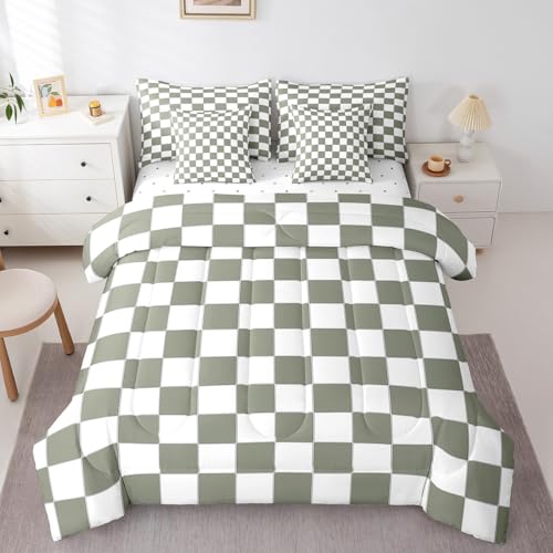 Erosebridal White Sage Green Checkered Full Bedding Set 7 Piece Buffalo Plaid Grid Comforter Set with Sheets for Kids Adults Men Women Checkerboard Bed in A Bag Aesthetics Gingham Bed Set
