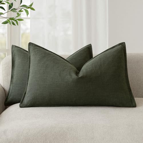 Foindtower Pack of 2, Decorative Linen Solid Throw Pillow Covers Accent Lumbar Cushion Case Boho Farmhouse Pillowcase for Chair Couch Sofa Bedroom Living Room Home Decor 12 x 20 Inch Dark Olive Green