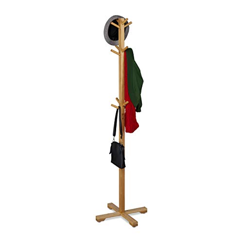 Relaxdays Bamboo Coat Rack, Jacket Stand with 12 Hooks, 179.5 x 50 x 50 cm, Tree Shape Floor Standing Wardrobe, Natural