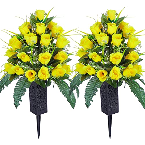 LVXINLI 2 Sets Artificial Cemetery Flowers,Outdoor Grave Decorations Roses,Beautiful Arrangements Bouquet with Cemetery Vase,Lasting and Non-Bleed Colors (Yellow)
