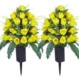 LVXINLI 2 Sets Artificial Cemetery Flowers,Outdoor Grave Decorations Roses,Beautiful Arrangements Bouquet with Cemetery Vase,Lasting and Non-Bleed Colors (Yellow)