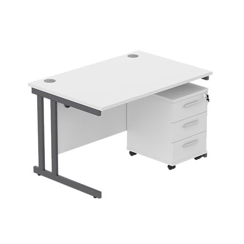 Office Hippo Heavy Duty Contract Grade Office Desk Workstation and Lockable 3-Drawer Pedestal Set, 120kg Weight Tolerance, 5-Year Warranty, FSC Certified, Arctic White, Graphite Legs, 1200 x 800mm