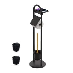Relaxdays toilet set, HxWxD: 79 x 21.5 x 21.5 cm, standing toilet paper holder with shelf & brush, black/natural