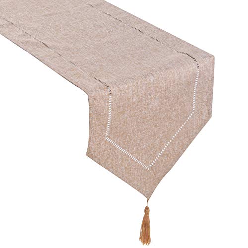 "Tosewever Decorative Linen Table Runner with Tassels Tabletop Collection 14 x 72 Inches Table Runners for Everyday Dining Wedding Party Holiday Home Decor (14"" x 72"", Light Coffee)"