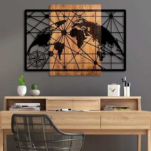 Elegant Decorative Wooden Wall Accessory, 70 x 99 cm, 100% Real Wood (3 cm) & Metal (1.5 mm), Unique Walnut & Black Finish, Perfect for Home Decor