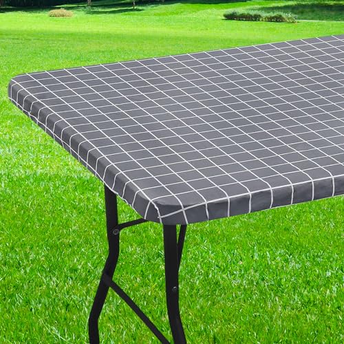 Spotjoy Rectangle Vinyl Table Cloth 30x72, Waterproof Elastic Fitted Tablecloth with Flannel Backing, Plastic Table Cover for Picnic, Camping, Outdoor, Grey