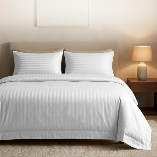 Casabella Satin Stripe Duvet Cover Sets, Luxurious Double White Bedding with Satin Stripes,Double Duvet Cover Set,Hotel Quality Double Duvet Set & Pillowcases, White Duvet Cover