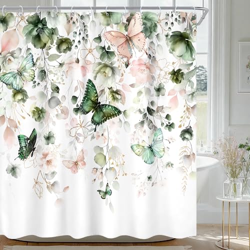 "Green Pink Floral Butterfly Spring Summer Bathroom Shower Curtain Set - 72""W x 72""L Plant Natural look, waterproof HD printed shower curtain, quick-dry fabric and free hooks."