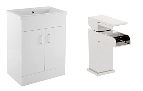 VeeBath Sobek 600 Vanity Unit with Basin and Waterfall Mixer Tap, Floor Standing Cabinet Rectangular Ceramic Wash Basin for Bathroom Furniture with 2 Doors- Gloss White (Flat Pack)