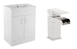 VeeBath Sobek 600 Vanity Unit with Basin and Waterfall Mixer Tap, Floor Standing Cabinet Rectangular Ceramic Wash Basin for Bathroom Furniture with 2 Doors- Gloss White (Flat Pack)