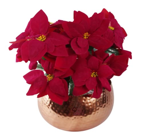 Leaf Artificial Christmas Xmas Red Poinsettia 40cm Houseplant in Pot, Silk, Large Copper Curved Edge