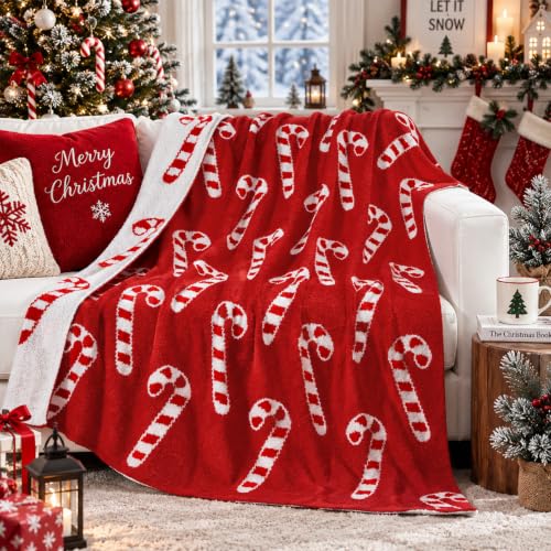 Buryeah Christmas Candy Cane Knit Throw Blanket, 50 x 60 Inch Red and White Xmas Reversible Knitted Throw Blanket, Cozy Lightweight Soft Gift for Couch Sofa Bed